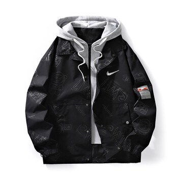 耐克假两件外套男春秋季潮牌连帽夹克秋装设计感小众原创上衣服 黑色