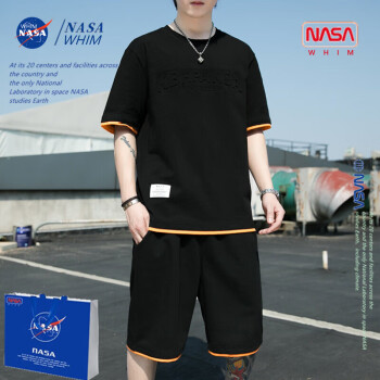 WHIM NASA休闲运动套装男夏季修身短袖显瘦潮流两件套搭配冰感速干T恤衣服 黑色 M
