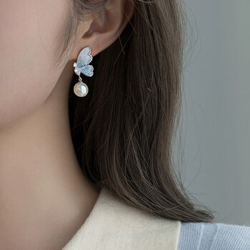 annora水晶蓝色蝴蝶珍珠耳饰女小众设计感耳钉独特耳环仙气旗袍配饰