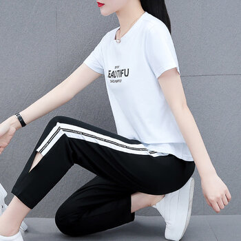 t恤女运动服套装女夏季2022年新款宽松休闲薄款时尚夏装两件装 白色