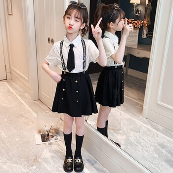 女童jk套装裙夏装小学生洋气中大儿童网红小女孩百褶裙两件套 白色