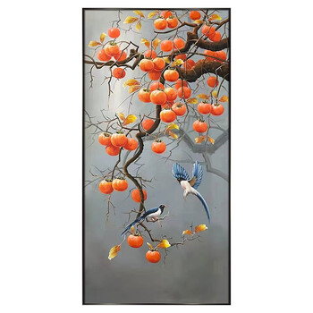 彩象轻奢高端新中式柿子油画手绘玄关装饰画进门走廊过道竖幅挂画事事