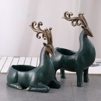 艺术品现代简约鞋柜玄关钥匙收纳盒北欧装饰摆件家居饰品 绿鹿一对