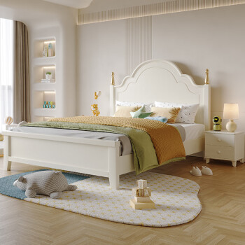 简蕴床 奶油风白色双人床1.8米全实木 公主粉1.5米单人床1.2米135蓝色 实木床 1.2x1.9米 框架结构