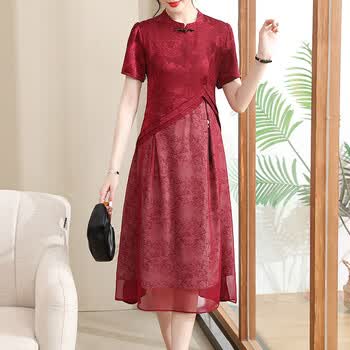 芷棠喜婆婆婚宴礼服装妈妈夏装旗袍连衣裙高贵洋气中老年女人红色裙子