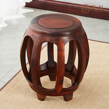 天纵嵌大理石圆鼓凳明清古典中式客厅换鞋凳实木绣墩 大红酸枝嵌