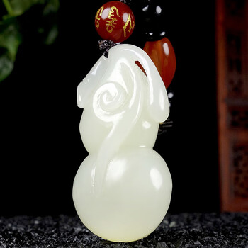 欧珏雅 新疆和田玉葫芦吊坠手工雕白玉葫芦福禄玉挂件玉石项链 32*21*