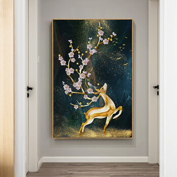 新中式走廊过道装饰画入户玄关画竖版现代简约壁画挂画 梅花麋鹿 40*