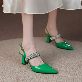 玖辛高跟凉鞋女夏季新款后空尖头一字带凉鞋粗跟水钻优雅女式包头凉鞋