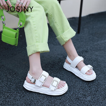 卓诗尼凉鞋女日常休闲舒适女鞋平底圆头一字带搭扣运动凉鞋 白色 37