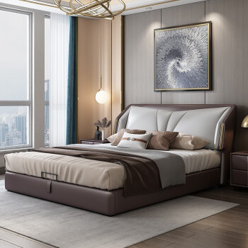 水星 家具 港式轻奢真皮床网红1.8米双人皮床现代简约软包主卧婚床 1.8*2.0米(咖啡色)-高箱床 床+床垫