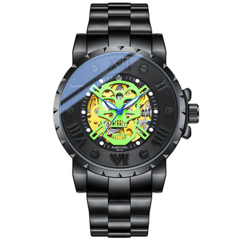 朴里男士手表3d骷髅头镂空自动机械表男款潮精钢黑面