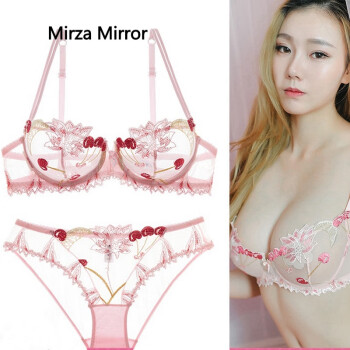 Mirza Mirror法国性感文胸套装女蕾丝聚拢调整型收副乳上托刺绣薄款透明情趣大码胸罩内衣裤 粉红薄棉款 75B-34B