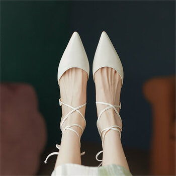 设计师交叉绑带尖头细高跟单鞋小众中空包头仙女凉鞋 白色小牛皮 35