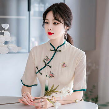 2022夏季新款民族风时尚文艺复古刺绣改良旗袍中国风气质连衣裙 杏色
