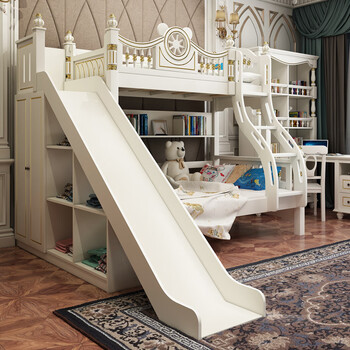 双层床滑梯屋顶 欧式轻奢实木高低床儿童上下床双层床带滑滑梯多功能