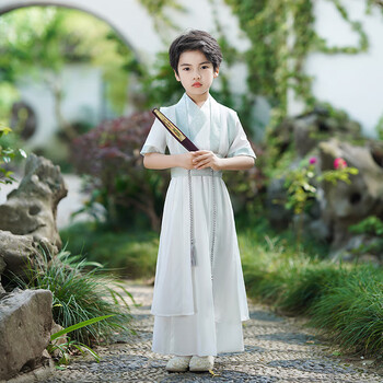 meng bao yichu汉服男童夏季薄款短袖儿童古装高端中国风超仙古风侠客