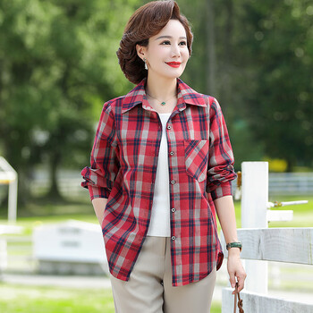 旺冉小衫女秋衣外穿洋气时尚妈妈装40岁春秋款2023格子长袖衬衫中年女