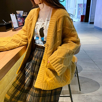 个子加厚粗毛线上衣针织外套学生洋气复古风小个子女士上衣姜黄厚款xl