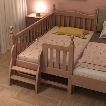 儿童床 榉木拼接床带护栏加宽床边拼大床婴幼儿单人儿童实木床 【原木