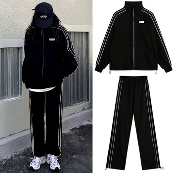 不加绒春秋款休闲运动服韩版宽松中学生高中生少女生两件套黑色套装s