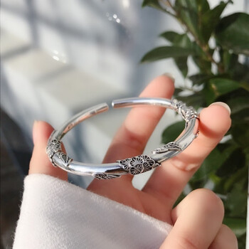 繁花似锦银手镯女9999花丝实心推拉足银镯子年轻款可刻字银饰 【复古