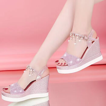 坡跟凉鞋女高跟鱼嘴凉鞋松糕厚底防水台一字带学生凉鞋粉色升级版35