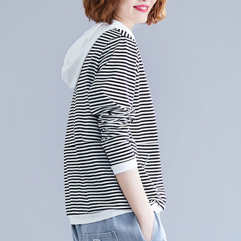 横条纹t恤女长袖t恤女连帽条纹上衣宽松2021春秋新小衫棉中年妈妈装