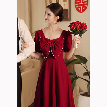 dkpe酒红色敬酒服新娘女冬小个子珍珠蝴蝶结平时可穿晚礼服订婚连衣裙