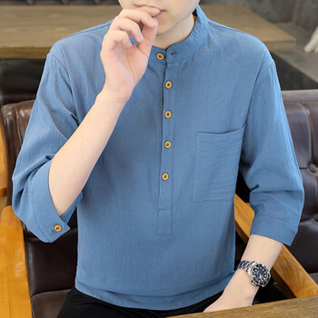 七屿鹿七分袖纯棉衬衫男士夏季国潮立领男青少年帅气休闲服牛仔蓝m约