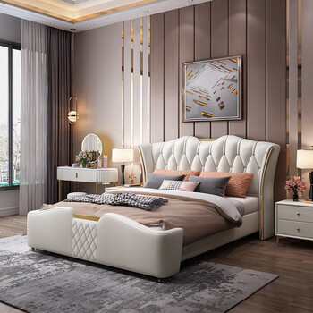 爱家生活(aijiashenghuo)意式轻奢真皮床婚床主卧现代豪华大床软包