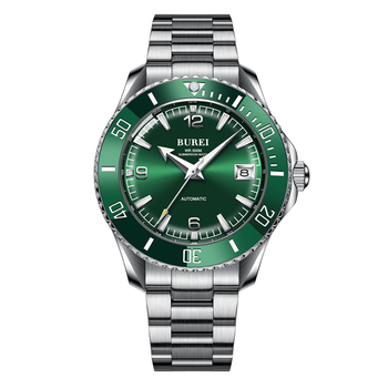 burei宝梭瑞士手表男士机械手表防水夜光日历时尚商务男腕表 本色绿面