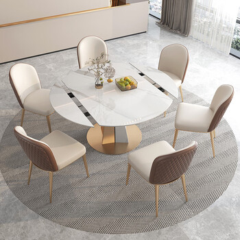 缔造空间岩板圆桌带转盘圆型旋转伸缩餐桌小户型现代轻奢餐桌可变圆桌