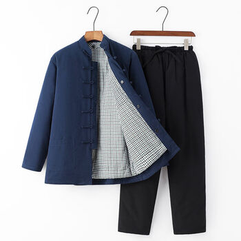 中老年手工棉花棉袄男中国风复古棉衣纯棉老粗布加厚棉服 青衣 黑裤