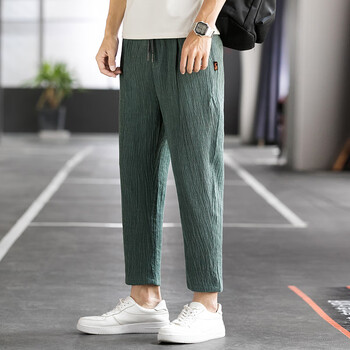 意吧裤子男夏季薄款宽松冰丝男裤子韩版潮流休闲裤男士九分裤青绿色m