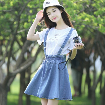 单件裙子夏装夏天女童少女生初中学生宽松牛仔小个子矮吊带韩版连衣裙