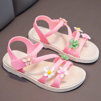 儿童女童仙女凉鞋新款网红花朵小公主防滑软底宝宝小学生小孩童鞋粉红