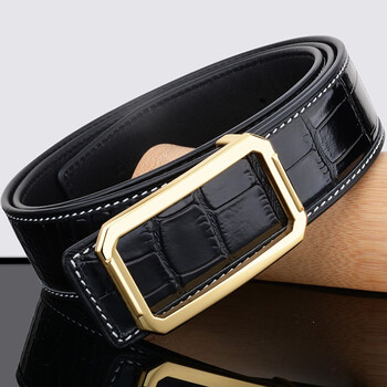 kuviqi 鳄鱼纹高档皮带男头层牛皮新型304不锈钢防刮花金扣白线中青年