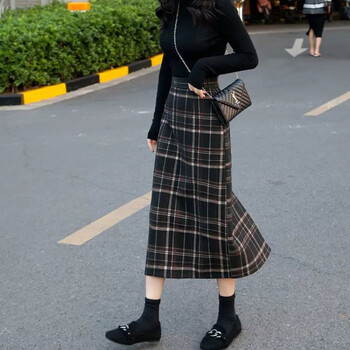tromlfz 香港潮牌包臀裙韩版宽松中长款格子a字半身裙女秋冬新款复古