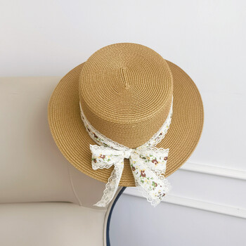 2022新款女童草帽lolita法式复古遮阳帽 夏季蝴蝶结草编帽外出防晒帽