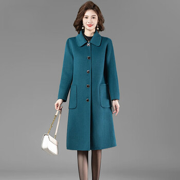 羊绒大衣100女双面绒呢中老年加肥加大秋冬新款显瘦60妈妈装羊孔雀蓝m