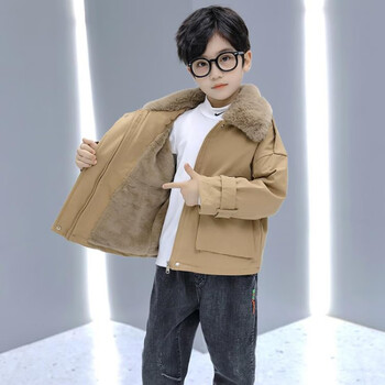甜菲鹿3-12岁小男孩穿的男童加绒毛领外套加厚儿童冬装2022年中大童貂