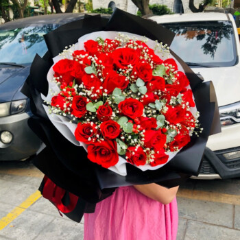 满味园鲜花速递红玫瑰礼盒生日礼物花束送女友老婆全国同城配送花店送花 J款-33朵红玫瑰满天星花束- 鲜花