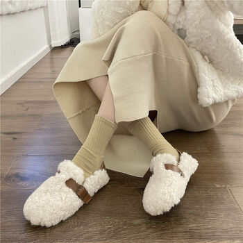 nrdcz豆豆鞋女冬款保暖乐福鞋法式复古加绒冬新款毛毛鞋外穿女鞋子米