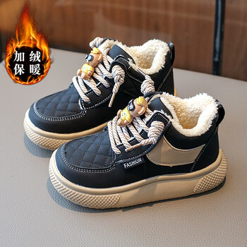 安崉男童鞋棉鞋冬季2024新款儿童加绒加厚雪地靴中大童男孩保暖运黑色
