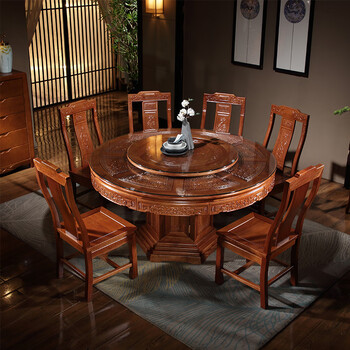 圆桌实木圆形餐桌中式仿古雕花菠萝格木大圆桌饭桌酒店饭店餐桌椅组合