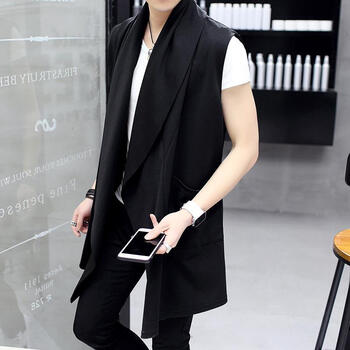 夏季衣男中长款帅气修身无袖马甲外套男休闲薄款韩版披斗篷男吉诺丰京