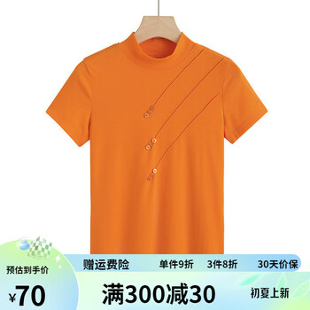 衣女夏装新款短袖t恤小众设计ins超火半高领汗衫休闲舒适新款库橙色s