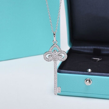 漫畔石t家鸢尾花钥匙项链925银镶钻满钻钥匙吊坠锁骨链红色925银