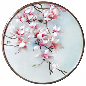 苏州刺绣真丝挂画苏绣成品挂画圆形玉兰花鸟苏州手工刺绣玄关客厅装饰